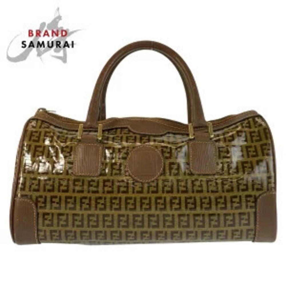 Fendi Zucca Brown Leather Handbag Boston Bag